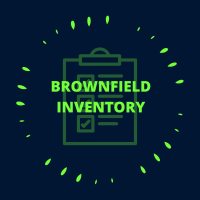 navy blue icon with neon green text reading "Brownfield Inventory" over a faint outline of a clipboard