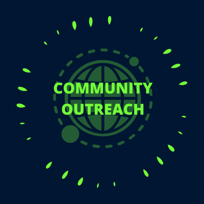 navy blue icon with neon green text reading "Community Outreach" over a faint outline of globe